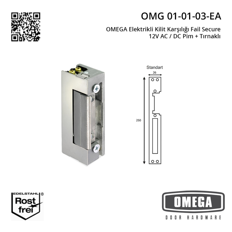 OMEGA Elektrikli Kilit Karşılığı Fail Secure 12V AC / DC Pim + Tırnaklı