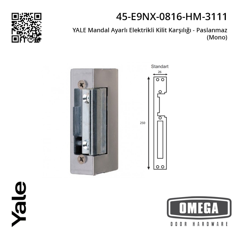 YALE Mandal Ayarlı Elektrikli Kilit Karşılığı - Paslanmaz (Mono)